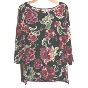 Chicos Travelers Top Heritage Floral 3/4 Sleeve ScoopNeck Tunic Multi-onBlack 12